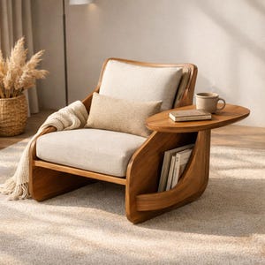 Modern läsfåtölj Träbearbetningsplaner – Midcentury Lounge Chair med sidobord (digital nedladdning)