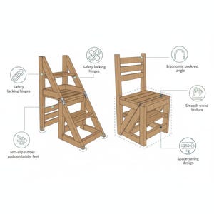 May include: Diagram of a wooden step stool that transforms into a chair. The step stool features safety locking hinges, anti-slip rubber pads, and a space-saving design. The chair has an ergonomic backrest and smooth wood texture.