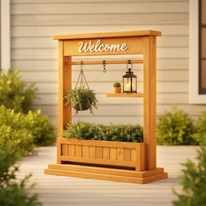 May include: A wooden welcome sign with a planter box at the base. The sign has a hanging basket with greenery, a small shelf with a potted plant and a lantern. The word "Welcome" is displayed across the top.