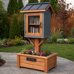 Op de afbeelding: Een houten buitenboekenkast met een donkergrijs dak en frame, voorzien van een glazen deur en twee planken vol boeken. De constructie is gemonteerd op een rechthoekige houten plantenbak met groene planten en roze bloemen.
