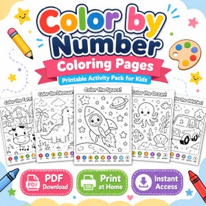 Color by Number Coloring Book for Kids, 20 Printable Pages, Preschool & Homeschool Activity, Ages 4-8, Instant Download PDF