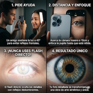Puede incluir: Imagen de cuatro paneles con texto que ofrece consejos de fotografía. El primer panel muestra a una persona sosteniendo un teléfono y una fuente de luz. El segundo panel muestra un teléfono cerca de un ojo. El tercer panel muestra un ojo con flash. El cuarto panel muestra un ojo detallado.