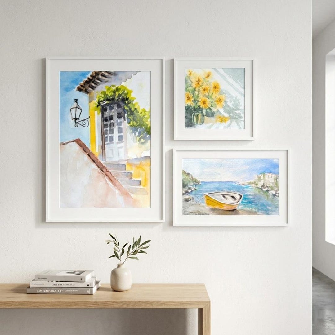 Italian Coastal Watercolor Print Set, Mediterranean Sea Wall Art, Sunny ...