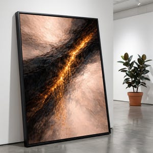 Cuadro abstracto dorado con efecto craquelado, textura de geoda moderna, líneas metálicas brillantes, decoración para el hogar en tonos tierra, listo para colgar.