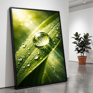 Morning Dew Green Leaf Macro Photography Canvas Print, Botanical Wall Art