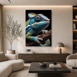 Lienzo impreso en primer plano de un lagarto crestado azul vibrante, arte mural de reptiles exóticos.