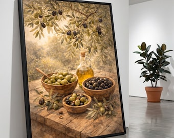 Rustic Olive Oil Still Life Canvas, Mediterranean Kitchen Wall Art