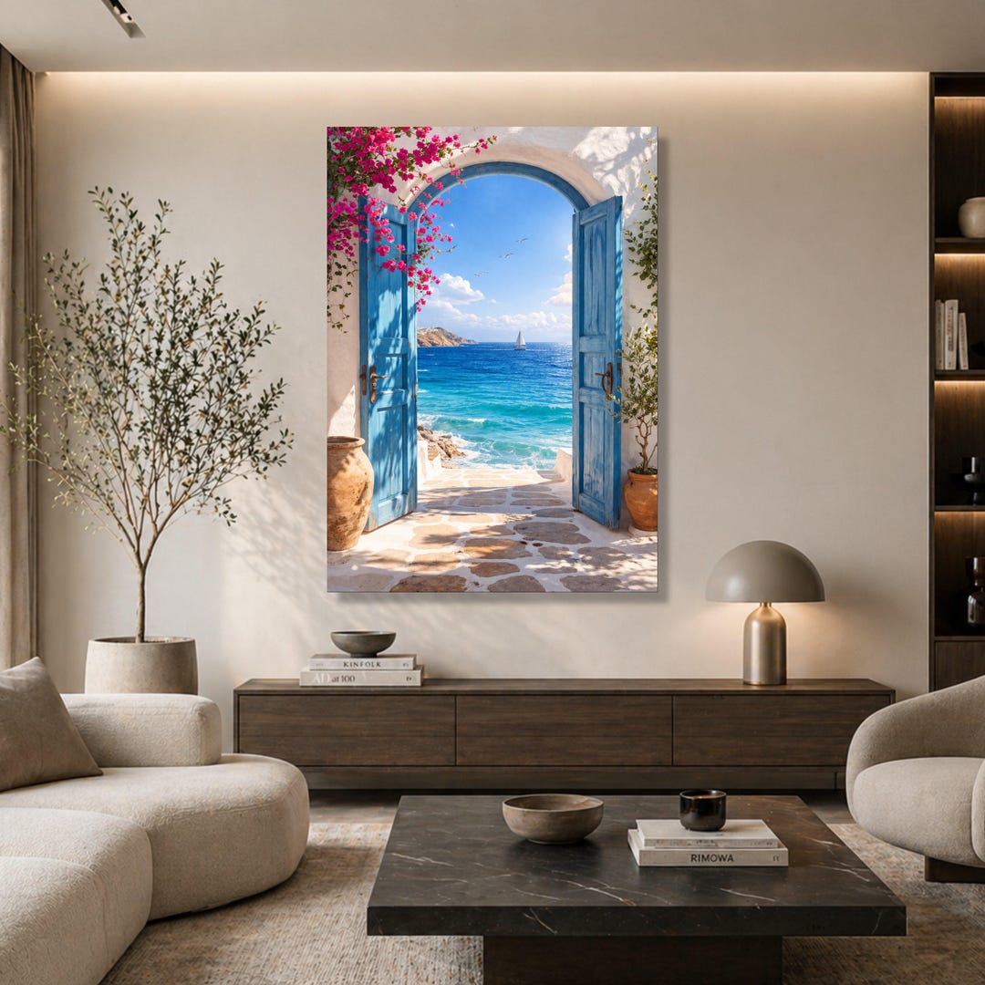 Mediterranean Blue Door Canvas, Seaside Ocean View Wall Art, Coastal ...