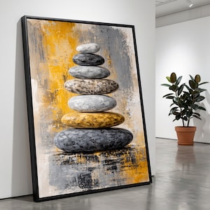 Zen Stone Stack Canvas, Abstract Pebble Wall Art, Yellow Grey Nature Decoration