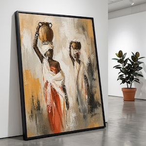 African Women Carrying Pots Canvas Art, Tribal Figures Ethnic Painting, Rustic Home Decor