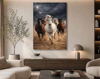 Cuadro de caballos salvajes corriendo, paisaje de cielo tormentoso, estampado animal dinámico, decoración rústica para el hogar.