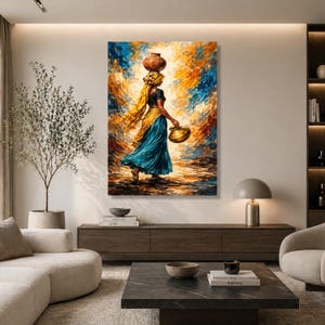 Woman Carrying Pots Canvas Art, Ethnic Cultural Scene, Vibrant Home Décor