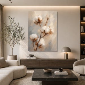Botanisk canvas med bomullsstjälkar, neutral blommig väggkonst, beige modernt tryck