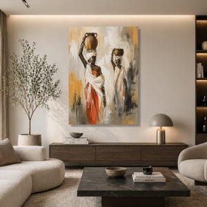 Canvaskunst Afrikaanse vrouwen met potten, tribale figuren etnische schilderkunst, rustieke woondecoratie