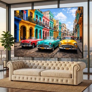 Vintage Classic Cars Havana Cuba Street Scene Canvas Print, Retro Wall Art Home Decoration