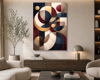 Cuadro geométrico moderno sobre lienzo, decoración abstracta de círculos y cuadrados en tonos dorados y burdeos.
