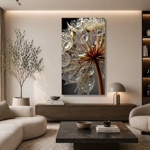 May include: A vertical wall art print featuring a macro view of a dandelion seed head with intricate, translucent, golden-brown filaments covered in glistening water droplets against a deep black background, highlighting the delicate textures.