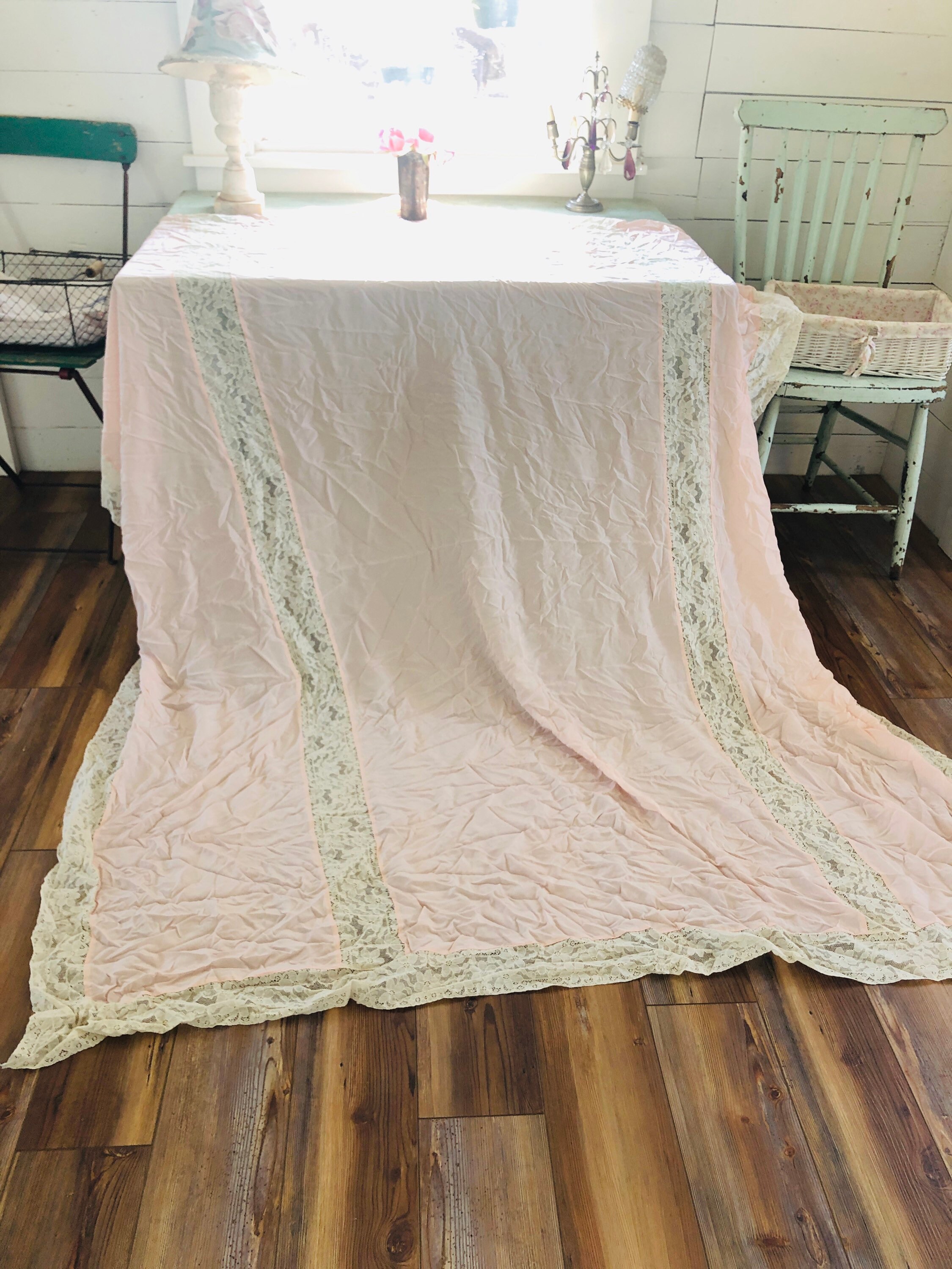 Pink vintage silk and lace tablecloth shabby chic pink Etsy