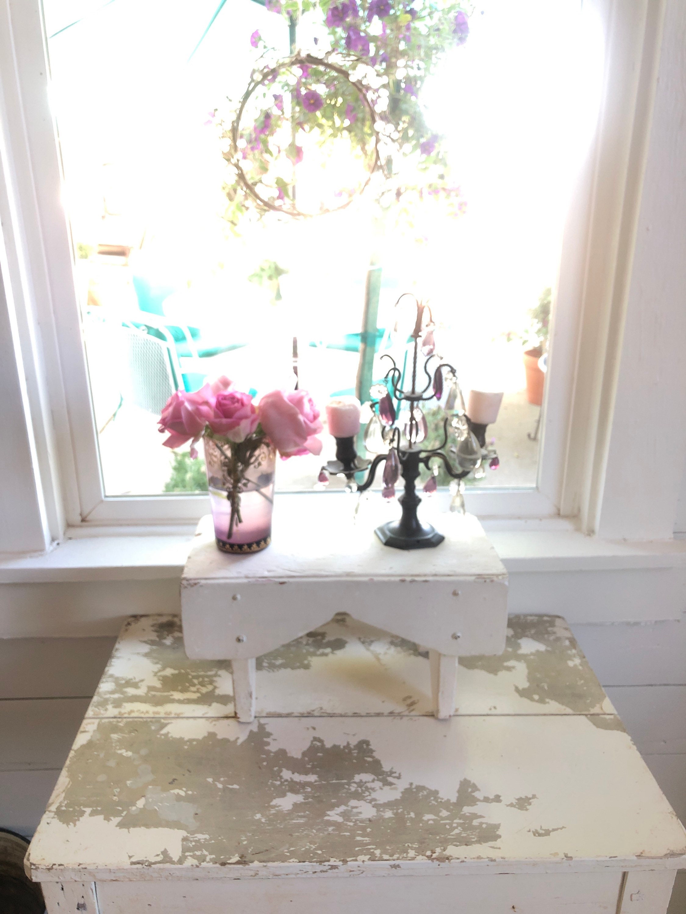French Stool, Original Painted Vintage White, Vintage