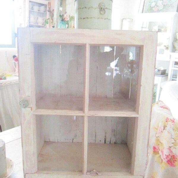 RESERVED ON SALE Vintage cubboard white and pink distressed chippy painted with glass french pane door shabby chic