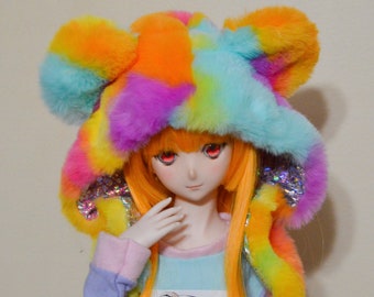 MADE TO ORDER, Fluffy Multicolor Bear Hood For Bjds/Dollfie Dream/Smart Doll