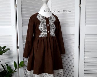 Vestido de pana marrón para niña, vestido vintage para bebé, vestido de otoño/invierno para bebé, vestido con cuello de encaje, conjunto de manga larga para niños, sesión de fotos de cumpleaños