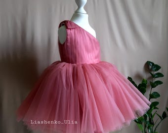 Pink Tulle Dress for girl , One shoulder flower Girl Dress , Toddler Birthday Dress , Princess Party Dress , Custom Color Tutu Dress
