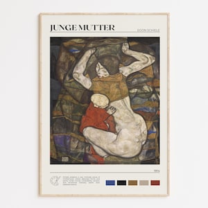 May include: A framed art print of Egon Schiele's "Junge Mutter" (Young Mother) from 1914. The artwork depicts a nude figure with a child in a red garment. The print has a beige border and includes the title and artist's name.