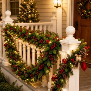 Extra lange Weihnachtsgirlande mit roten Beeren, künstliche Winterranke für Treppengeländer, Kaminsims, Türrahmen, festliche Heimdekoration