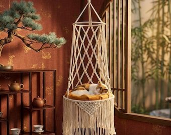 Kraftig makraméhängmatta för katter, bohemisk hängande kattsäng, stor gunga i 3 storlekar, vävda inomhusmöbler för katter, handgjord present till kattälskare