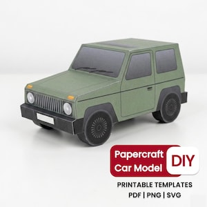 May include: A green papercraft car model with black wheels and windows. The car has a boxy design with a front grill and headlights. The image includes text that says "Papercraft Car Model DIY" and "Printable Templates PDF | PNG | SVG".