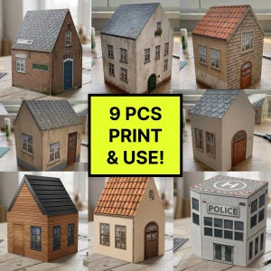 Peut inclure: Neuf petites maisons en papier de styles architecturaux variés, comme la brique, le stuc et le bois. Les maisons ont des fenêtres, des portes et des toits détaillés. Le texte "9 PCS PRINT & USE!" est dans un encadré jaune.