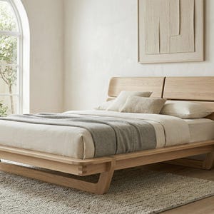 Cama Japandi de roble macizo, diseño escandinavo flotante, muebles de madera hechos a mano.