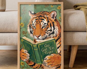 Go Get Em Tiger Print, Vintage Tiger Reading Book Wall Art, Retro Eclectic Poster, Motivational Quote Printable, Digital Download