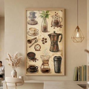 以下が含まれることがあります： フレンチプレスやケメックスなど、さまざまなコーヒーの淹れ方を描いた、額入りの水彩画プリント。コーヒー豆と時計が描かれた、ヴィンテージ感のあるアートワークです。暖色系の茶色とクリーム色が使われています。