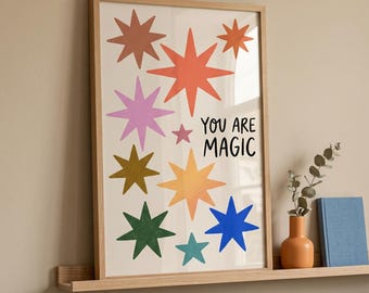 You Are Magic Print, Colorful Stars Wall Art, Boho Nursery Decor, Retro Star Poster, Positive Quote Printable, Playroom Digital Download