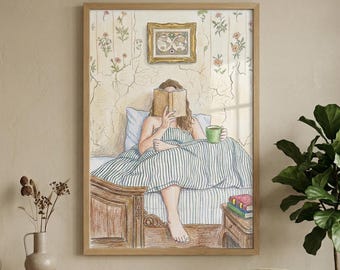 Vintage Style Bedroom Wall Art Printable, Cozy Morning Reading Scene, WomanUnder Striped Blanket, Detailed Colored Pencil Art Print, Digital