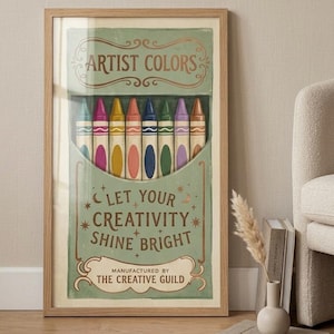 May include: A framed print featuring a box of colorful crayons labeled "Artist Colors." The artwork includes the text "Let Your Creativity Shine Bright" and "Manufactured by The Creative Guild." The crayons are in shades of pink, yellow, orange, blue, and purple.