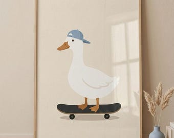 Duck on Skateboard Printable Wall Art, Minimalist White Duck Poster, Cute Skater Duck Digital Download, Nursery Animal Decor Skateboard Gift