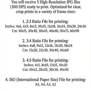 May include: White text on a white background lists the contents of a digital download. The text includes file types, sizes in inches and centimeters, and aspect ratios for printing. The text reads "WHAT IS INCLUDED?"