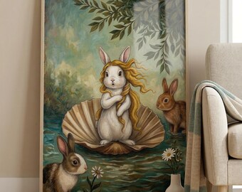 May include: Framed art print featuring a whimsical scene with rabbits. A white rabbit with flowing blonde hair sits in a seashell, surrounded by two brown rabbits. The background is a serene landscape with water and foliage, in a light blue and green color palette.