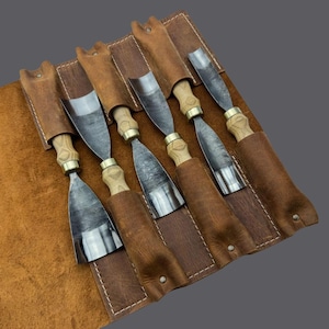 Hand-Forged Carbon Steel Wood Carving Gouges | Ash Handles, Leather Roll Storage