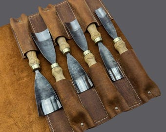 Hand-Forged Carbon Steel Wood Carving Gouges | Ash Handles, Leather Roll Storage