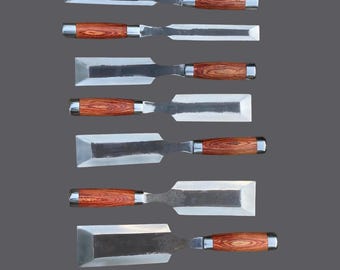 Hand Crafted 7-Piece Woodworking Chisel Set | High Carbon Steel, Wooden Handles, Leather Kit