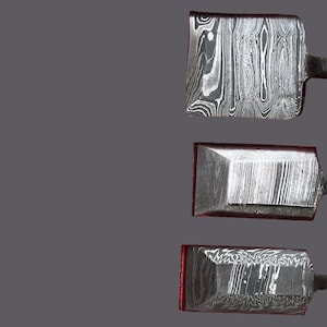 May include: Three close-up views of a metal blade with a unique wood grain pattern. The blades have a dark gray and silver color scheme. The blades are rectangular with a red border.
