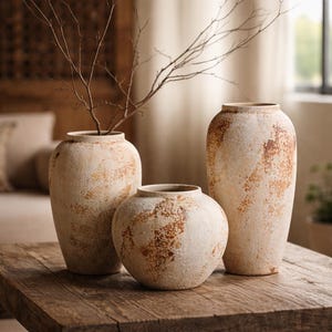 May include: Three beige ceramic vases with a textured, aged appearance. The vases vary in shape and size, with a tall, slender vase, a round vase, and a medium-sized vase. The vases are arranged on a rustic wooden table, with a branch in one.