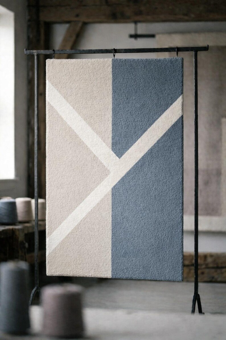 Modern Geometric Hand Tufted Rug, Cream Blue Abstract Area Rug ...