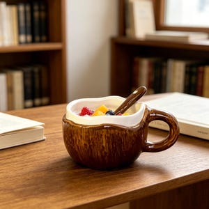 Taza de cerámica única con forma de cáscara de coco y cuchara, taza de café tropical estilo tiki, divertido y bonito cuenco de agua, regalo de escritorio con ambiente veraniego playero para ella.