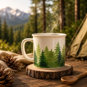 Könnte beinhalten: Eine weiße Keramiktasse mit einem grünen Aquarell-Waldmotiv. Die Tasse steht auf einem Holzuntersetzer, daneben ein Holzlöffel. Dampf steigt aus der Tasse auf, was auf ein heißes Getränk hindeutet. Der Hintergrund zeigt einen Wald und Berge.