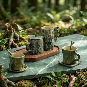 Handmade Ceramic Tree Trunk Mug, Rustic Woodland Coffee Cup with Twig Spoon, Green Bark Coarse Pottery Teacup, Forestcore Nature Lover Gift
